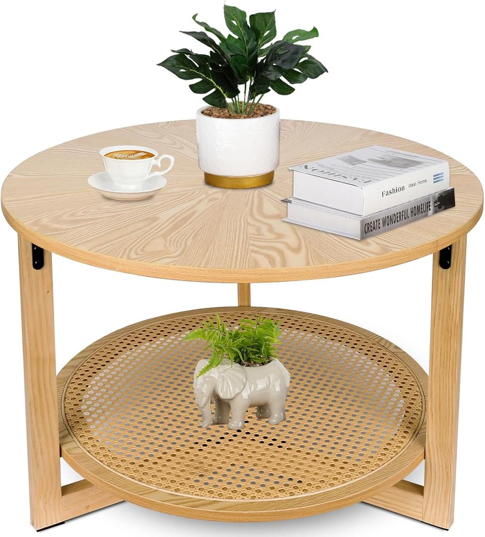 ZYBT Rattan Coffee Tables for Living Room, Small Coffee Table for Small Spaces, Round Coffee Table with Storage, Wooden Circle Center Tea Table (Natural)