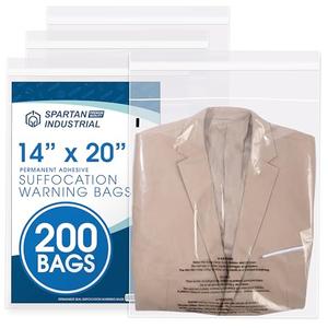Spartan Industrial - 14” X 20” (200 Count) Self Seal Clear Poly Bags with Suffocation Warning for Packaging, Clothes - Permanent Adhesive
