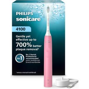 Philips Sonicare 4100 Series Electric Toothbrush - Sonic Toothbrush with Advanced Sonic Technology, Pressure Sensor, Two Intensity Settings, Smartimer & Quadpacer, Deep Pink, Model HX3681/26