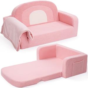 Extra Wide Kids Couch, 2-in-1 Soft Toddler Couch with Blanket, Comfy Toddler Chair, Convertible Sofa with Cute Rainbow Design, Pink