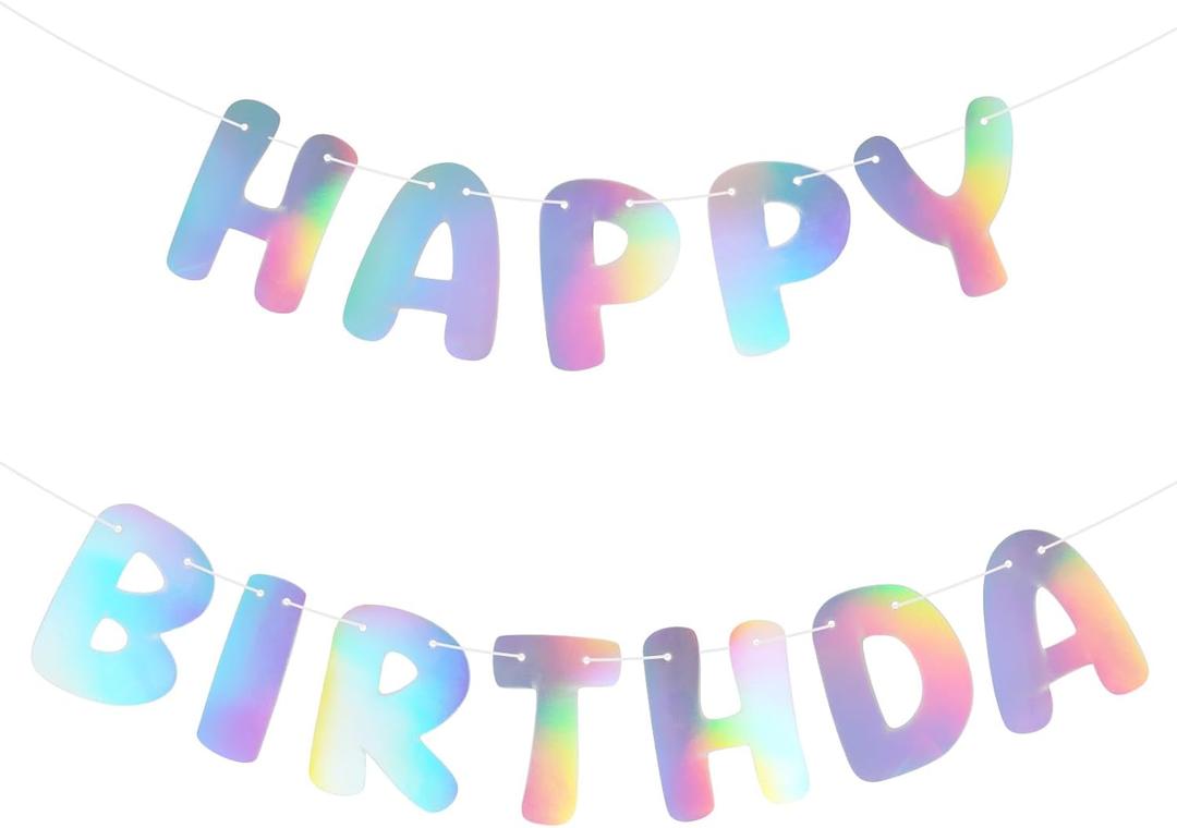 2 x hoyuwak Iridescent Happy Birthday Banners - 5x6 Inch Holographic Party Signs with Aurora, Rainbow, Flame Effects - 3M Adjustable Hanging Rope Kit - Perfect for Birthday Decorations, Photo Backdrops for Women & Men