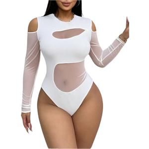 WDIRARA Women's Cold Shoulder Long Sleeve Bodysuit Sheer Mesh Jumpsuit Sexy Leotard Tops XL
