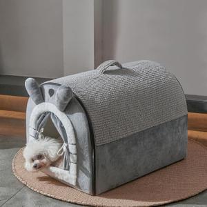 Jiupety Cute Small Dog Cave Bed with Door Curtain Design, Dog House with Reversible Washable Cushion, L Size Portable Puppy House for 14-22lb Cats and 12-17 lb Dogs, Non-Slip Bottom, Grey