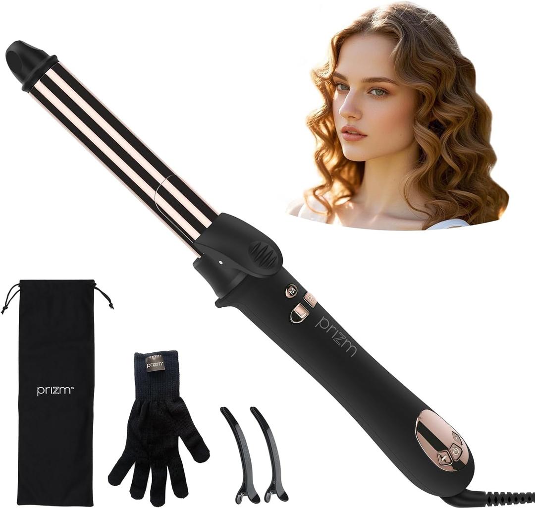 Prizm Nano Titanium Automatic Rotating Curling Iron 1 Inch Worldwide Dual Voltage Curling Wand 11 Temperature Hair Iron Effortless Curls Spinning Barrel LCD Display Negative Ions 360 Swivel Cord