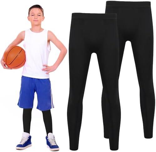 Yihurlm 2 Pack Boys Compression Pants,Youth Compression Leggings Pants,Quick Dry Tights Athletic Pants for Running Football,S