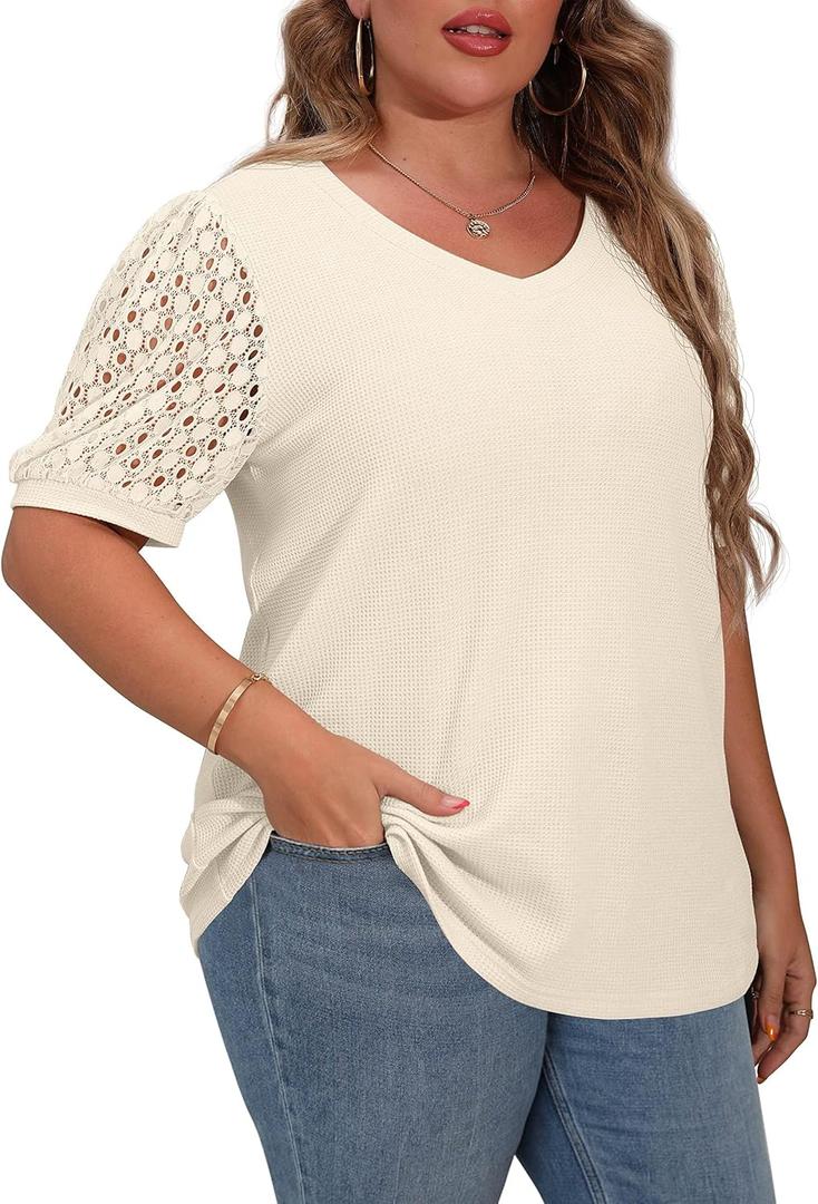 OLRIK Plus Size Tops for Women Summer Blouse Waffle Knit Short Lace Sleeve Shirts (XL)