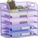 5-Tier Stackable Paper Organizer with Handle, Purple Metal Mesh Letter Tray | Elegant Desk File Sorter for Office, Home & Classroom Organization