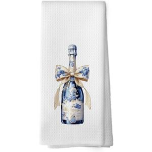 Chinoiserie Porcelain Champagne Kitchen Dish Towels, Blue and White Ribbon Floral Bottle Gifts for Wine Lovers, Trendy Bow Hand Towels Kitchen Bathroom Bar Tea Towels Decorations, 16x24inch