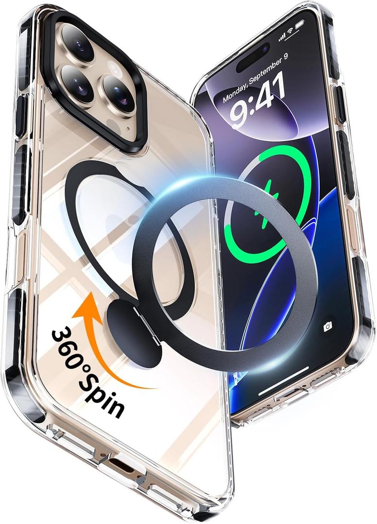 for iPhone 16 Pro Max Case,with Kickstand 360Rotatable Magnetic Invisible Ring Stand [Compatible with MagSafe],Shockproof Protective Slim Soft Edge,Phone Grip Cover 6.9'',Clear Black