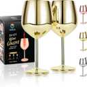 Gold Wine glasses set of 218oz Unbreakable Stainless steel stemmed wine glasses,Shatterproof wine steel gold goblets set Outdoor, red wine glass Metal Wine goblet love is blind for Mother's day