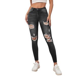 SweatyRocks Women's Casual High Rise Ripped Jeans Zipper Fly Skinny Denim Pants Dark Grey, Medium