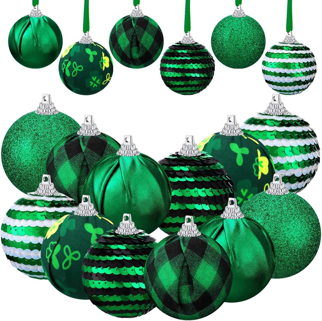 Sratte 12 Pcs St Patricks Day Ball Ornaments 2 Inch Green Shamrock Sequin Hanging Ball Ornaments Green Irish Ornament for Tree Decoration Glitter Clover Decor for St. Patrick's Day Festival Decoration