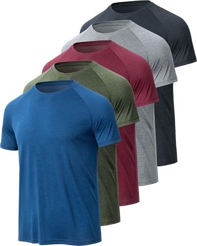 BALENNZ Men's Athletic Shirt, 5 Pack Quick Dry T-Shirts for Gym, Workout, Sports, Black, Dark Grey, Dark Blue, Wine, Army, S