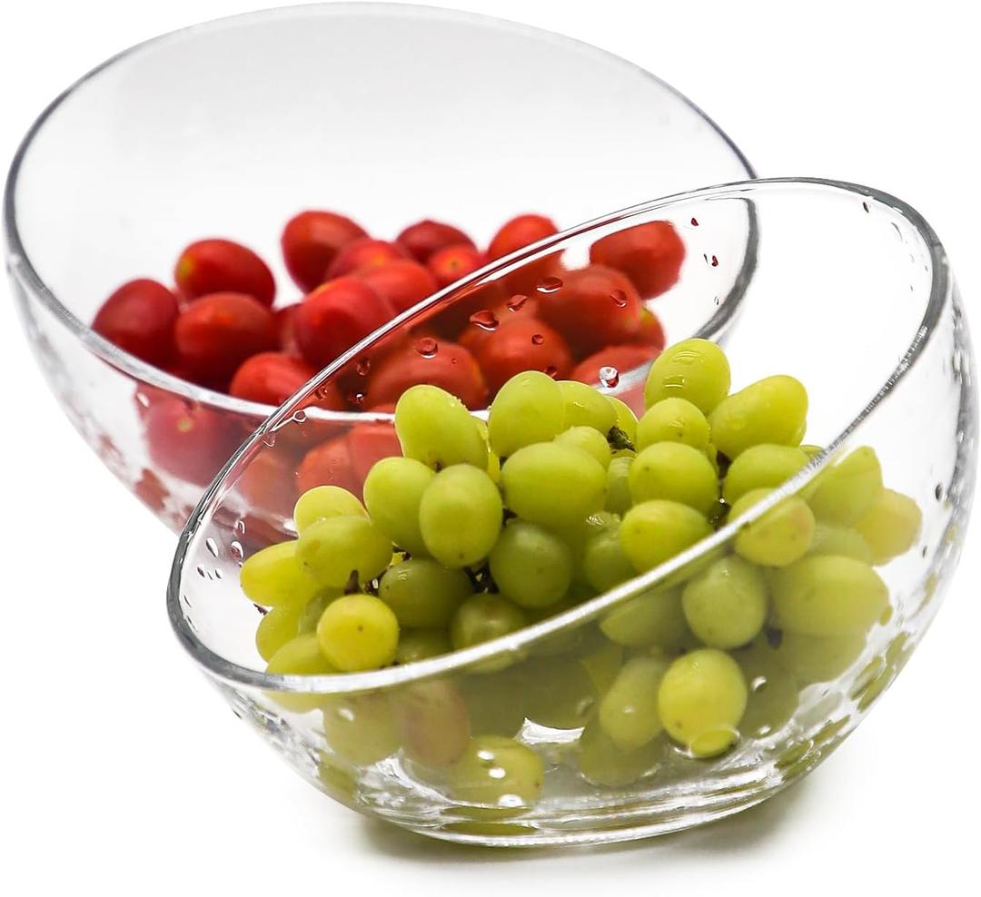 TOSSOW transparent glass set with 2 transparent slanted tilted bowls, suitable for salads, fruits, candies, popcorn, dipping sauces, seasonings, snacks, oatmeal, cat food bowls, plants, etc.