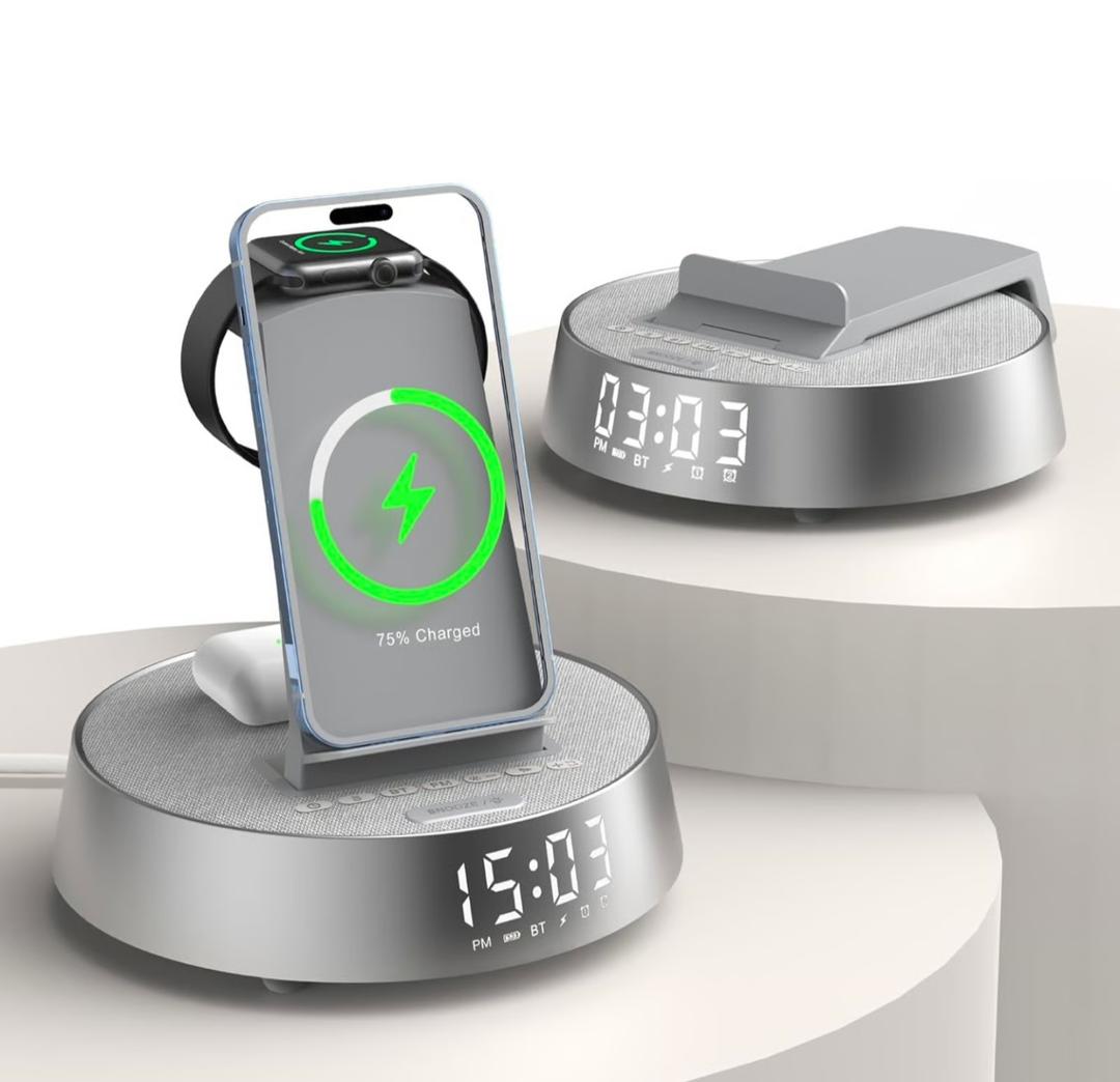 Alarm Clock Charging Station for Bedrooms, Wireless Charging Station with Dimmable Night Light Bluetooth Speaker, Mag-Safe Charger for iPhone 16 15 14 13 12 Pro Max, Apple Watch, AirPods Pro