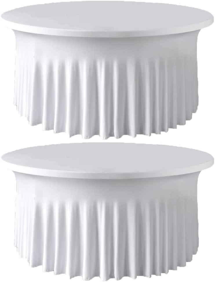 2 Pack White 6ft 72inch Round Spandex Tablecloth Stretch Fitted Table Cover with Skirt for Wedding Party Decoration