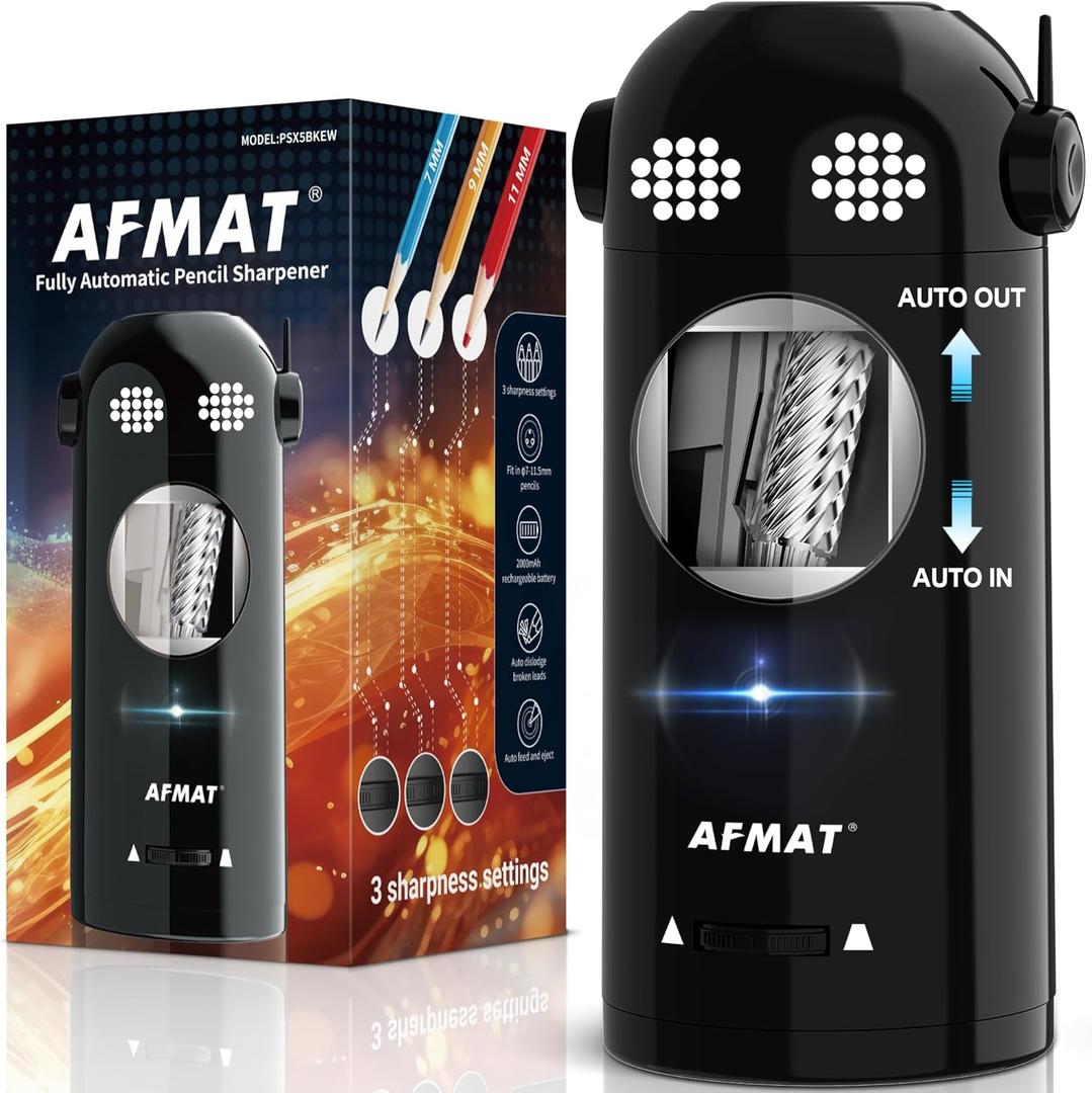 AFMAT Electric Pencil Sharpener Fully Automatic, Colored Pencil Sharpeners for 7-11.5mm Pencils, Rechargeable Hands-Free Robot Sharpener for Classroom, Home, Office, Battery Operated, PSX5EW, Black