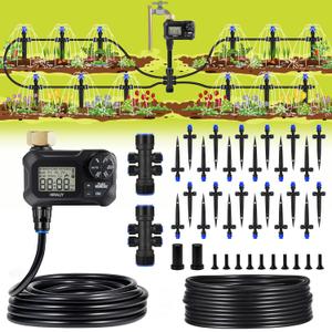 HIRALIY 100FT Automatic Drip Irrigation Kits with Garden Timer, Garden Watering System for Patio Lawn, Quick Connector Design Irrigation System Kit with Easy Programmable Water Timer
