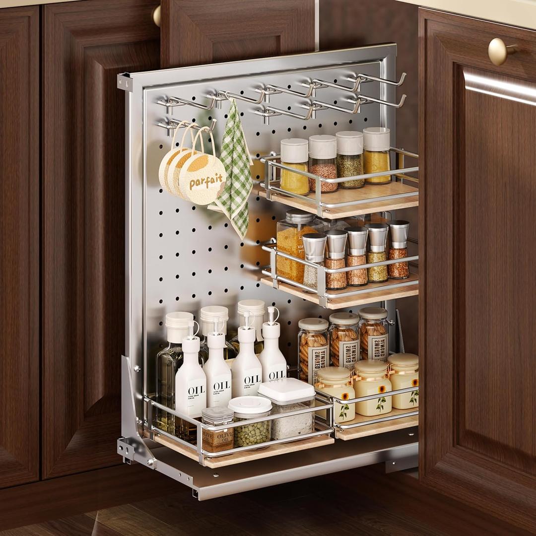 DINDON Blind Corner Cabinet Pull Out Shelves for Kitchen Cabinets, Pull Out Spice Rack Cabinet Organizer 8" W x 18.62" D x 22.64" H Slide Out Pantry Rack Pegboard with Adjustable Shelves For Kitchen, Silver