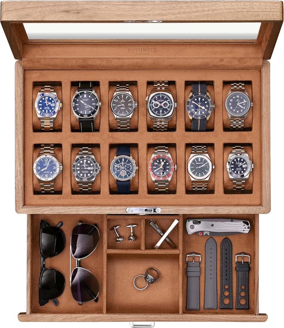 ROTHWELL 12-Slot Solid Walnut Watch Box with Valet Drawer - Premium Jewelry Display Case Organizer with Locking Glass Top and Microsuede Liner for Men & Women (Tan Interior)