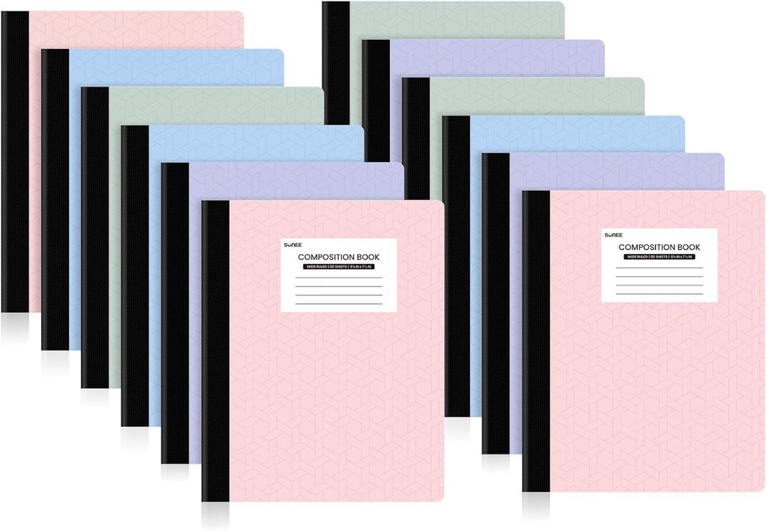 SUNEE Composition Notebooks - Wide Ruled Paper, 12 Pack Composition Book, 9 3/4" x 7 1/2", 80 Sheets/160 Pages, Assorted Colors, School & Office Supplies (Pastel)