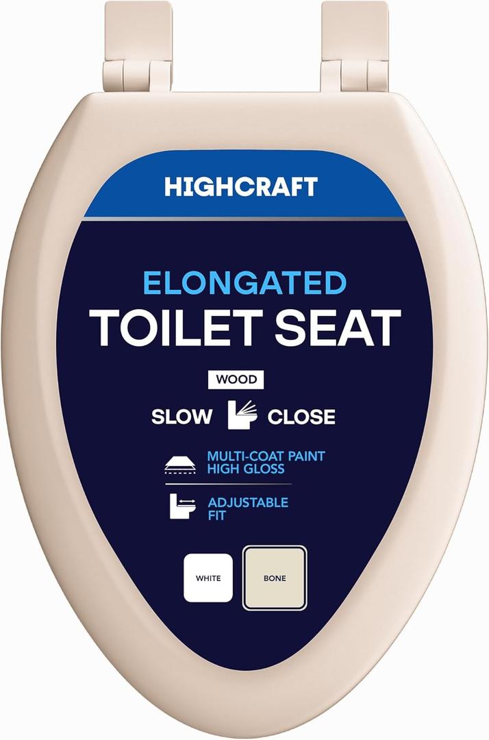 HIGHCRAFT Premium Elongated Toilet Seat with Slow-Close Design & Adjustable Hinges - Molded Wood Toilet Seat - Fits Standard Elongated Toilets - Oval Seat in Bone/Beige