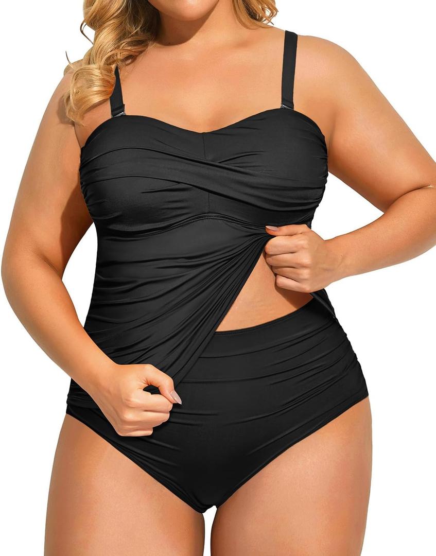 Aqua Eve Women Two Piece Plus Size Tankini Strapless Bathing Suits Bandeau Swimsuits with High Waisted Bottom (Black, XXL)