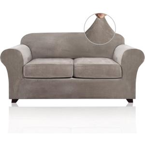 PrinceDeco Velvet Couch Cover Loveseat Covers for 2 Cushion Couch 3 Piece Sofa Covers for Dogs Washable Loveseat Covers Width Up to 72 Inch No Slip Stretch Sofa Slipcover(Medium, Taupe)