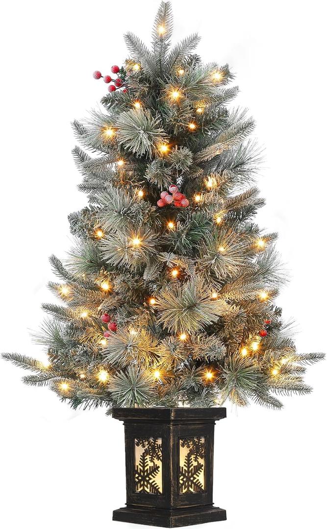 GAOMON 3ft Christmas Tree Pre-Lit Artificial Christmas Tree with Snowflake Base, Flocked Snow 78 Warm White LED Lights 8 Lighting Modes, Xmas Holiday Decor for Home, Entrances