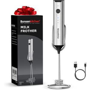 Bonsenkitchen Rechargeable Milk Frother with Stand, Handheld 3-Speed Coffee Frother, Dual Spring Whisk Electric Hand Frother Wand Drink Mixer for Matcha Lattes Cappuccino, Kitchen Gifts (Silver)