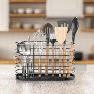 Large Utensil Holder for Kitchen Counter - Cooking Utensil Holder Organizer with Diatomaceous Earth Base - Prevents Water Buildup and Dries Instantly, Kitchen Holder for Cooking Utensils Black