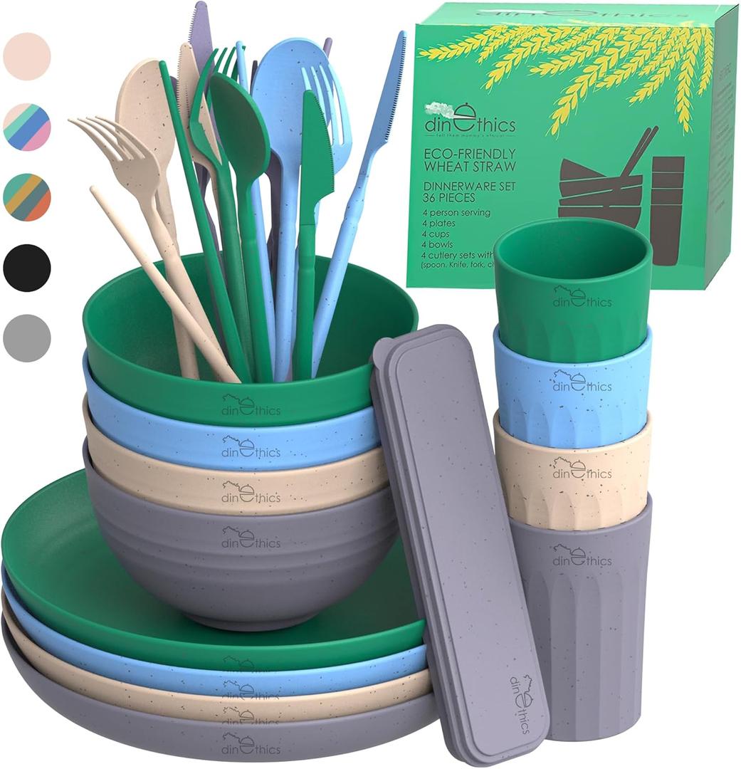 Wheatstraw Dinnerware Set for 4 - Camping Dishes & Utensils - Microwavable Plates - Alternate To Plastic Plates And Bowls - Camping Kitchen Set - Rv Dinnerware - Wheat Straw Dorm Dishes (Oasis)