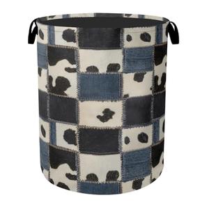 Denim Patchwork Cow Print Large Clothes Hamper Bag - Laundry Basket with Handles, Space Saving Foldable Design for Nursery