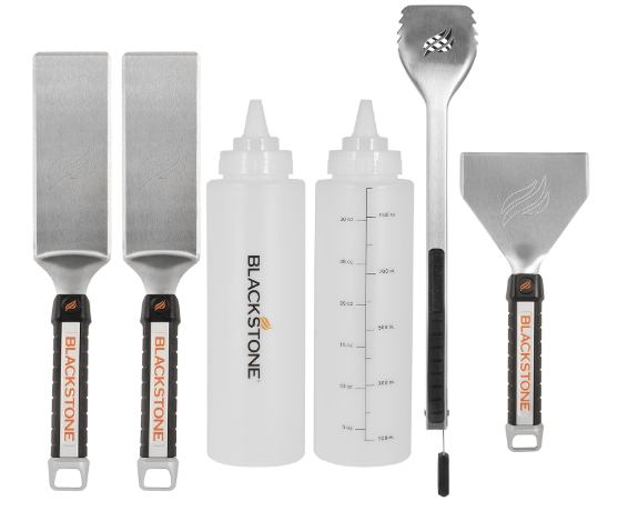 BLACKSTONE 6 Pcs Grill Scraper, Heavy Duty BBQ Tongs, Barbecue Metal Hamburger Spatula 2 & Batter Dispenser & Mixer Bottle – Grilling Tools & Accessory