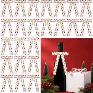 24 Pcs Christmas Bows Decoration 0.8 Inch Widened Polka Dot Ribbon Bow Red Green White Velvet Wreath Bow Thin Christmas Bows Twist Tie Garland for Xmas Tree Party Decor
