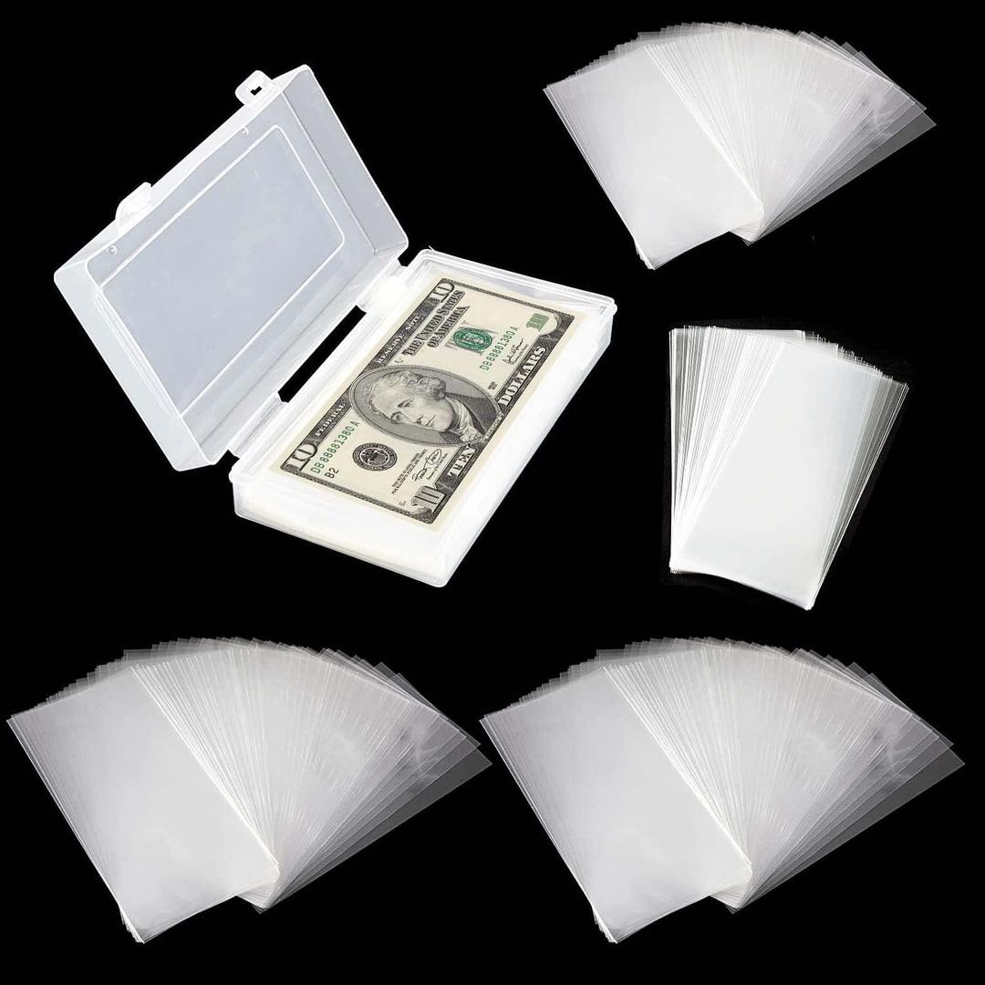 400 Pcs Clear Plastic Paper Money Sleeves Holder with Storage Box, Bill Protector Slab Holder for Collectors,Bill, Banknotes,Banknote, Stamp