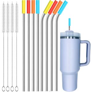 Stainless Steel Straw Replacement Fits for Stanley Adventure Travel Tumbler and Simple Modern 40 oz Tumblers - 8 Reusable Metal Straws with Silicone Tips and 4 Cleaning Brushes (Silver)