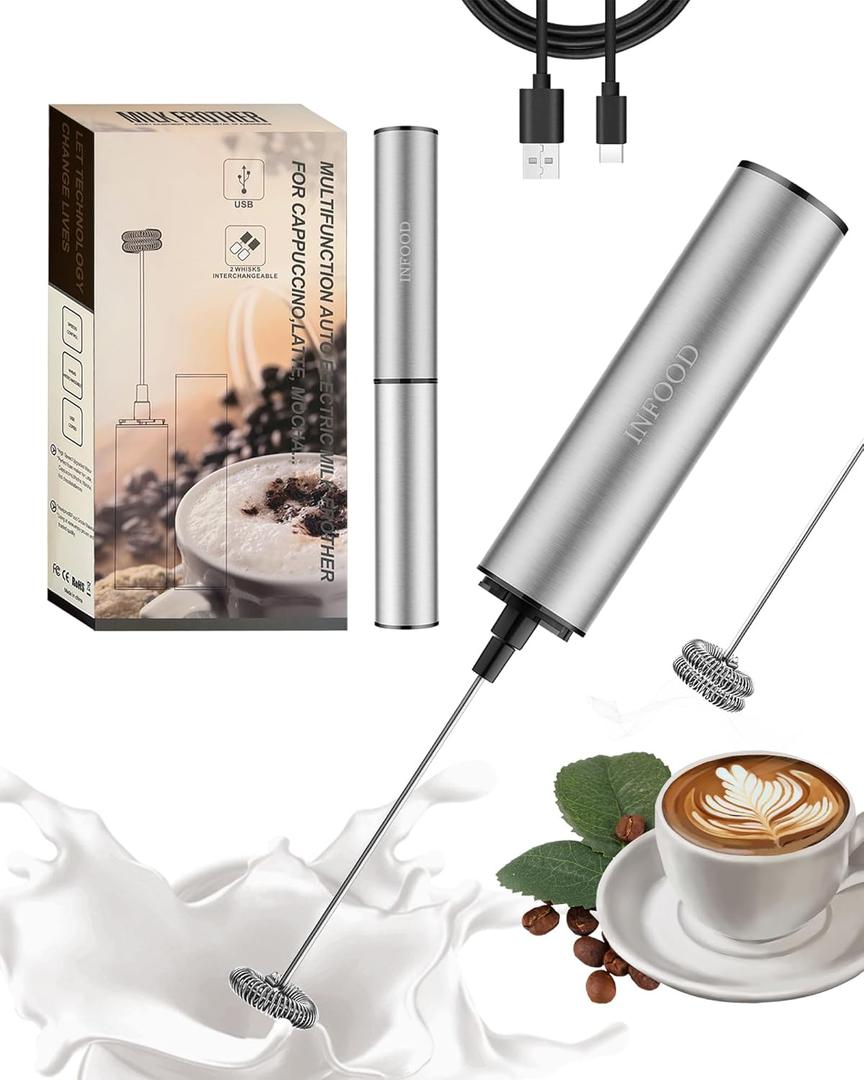 INFOOD Milk Frother Rechargeable with Cover - Coffee Frother Wand, Drink Mixer Handheld with 2 Detachable Stainless Whisks 2 Speed Adjustable for Latte, Cappuccino, Hot Chocolate, Egg, Silver
