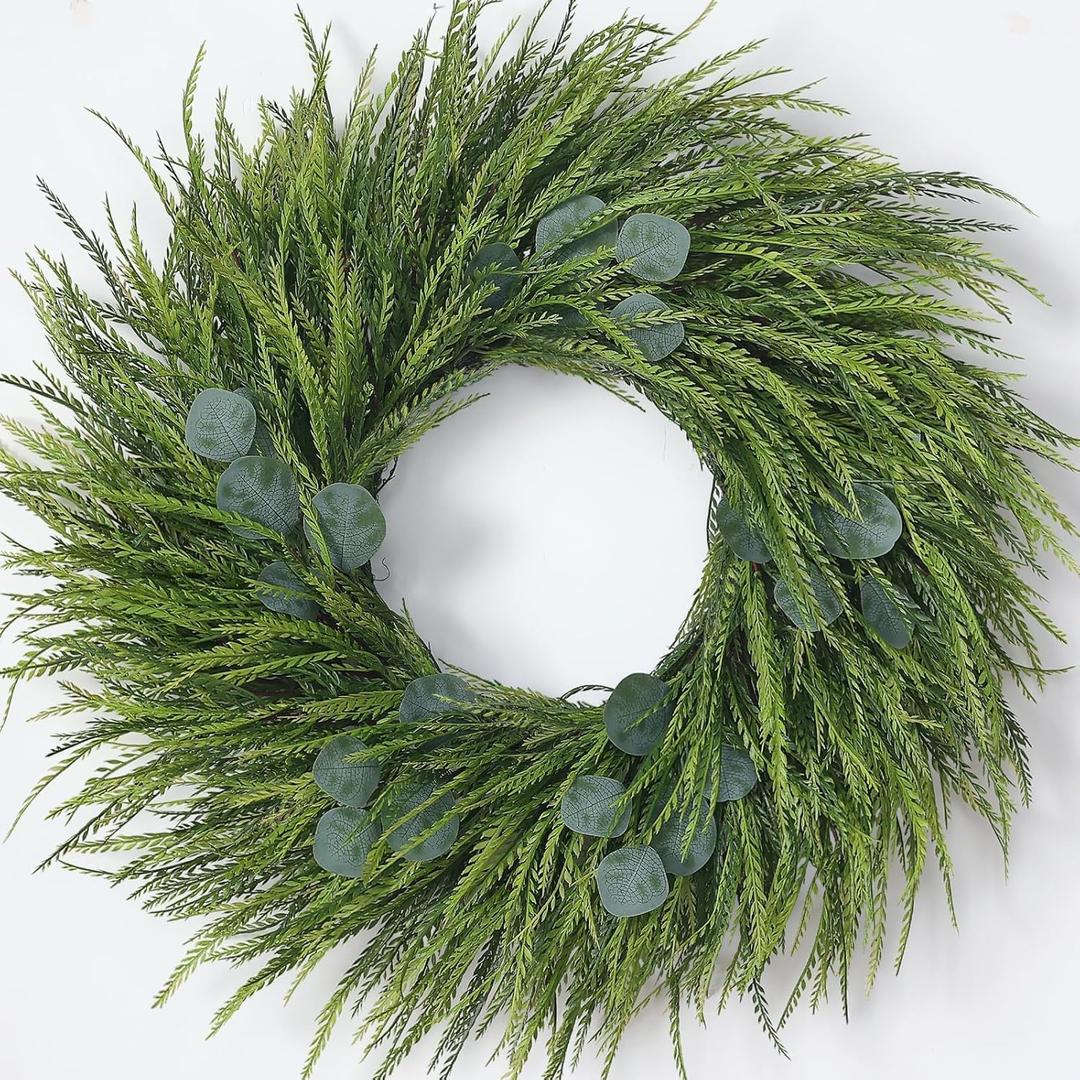 26" Artificial Saw Grass Wreath for Front Door, Lifelike Faux Saw Grass Wreath with Fake Eucalyptus Spring Summer Greenery for Wall Window Fireplace Farmhouse Home Outside Decoration