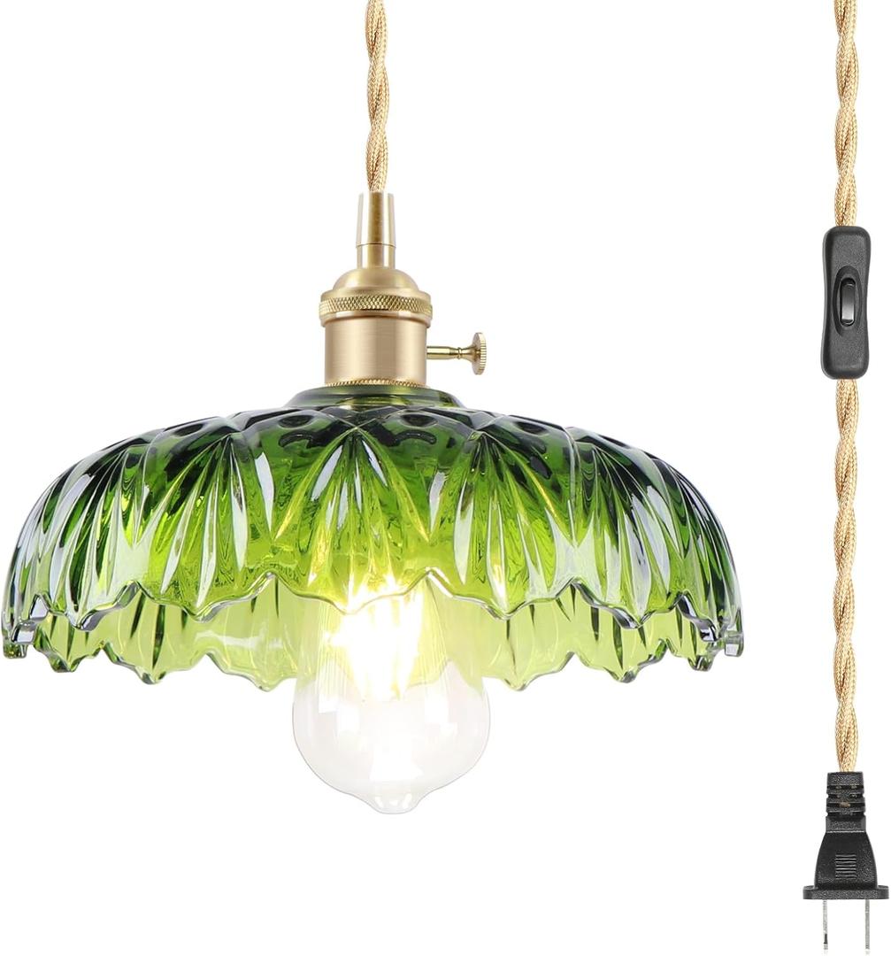 Plug-in Pendant Light Vintage Kitchen Island with Plug-in Cord ON/OFF Switch Green Flower Glass Mid-Century Modern Farmhouse Fixture Small Brass1 Light Deco Chandelier for Dining Room Bedroom