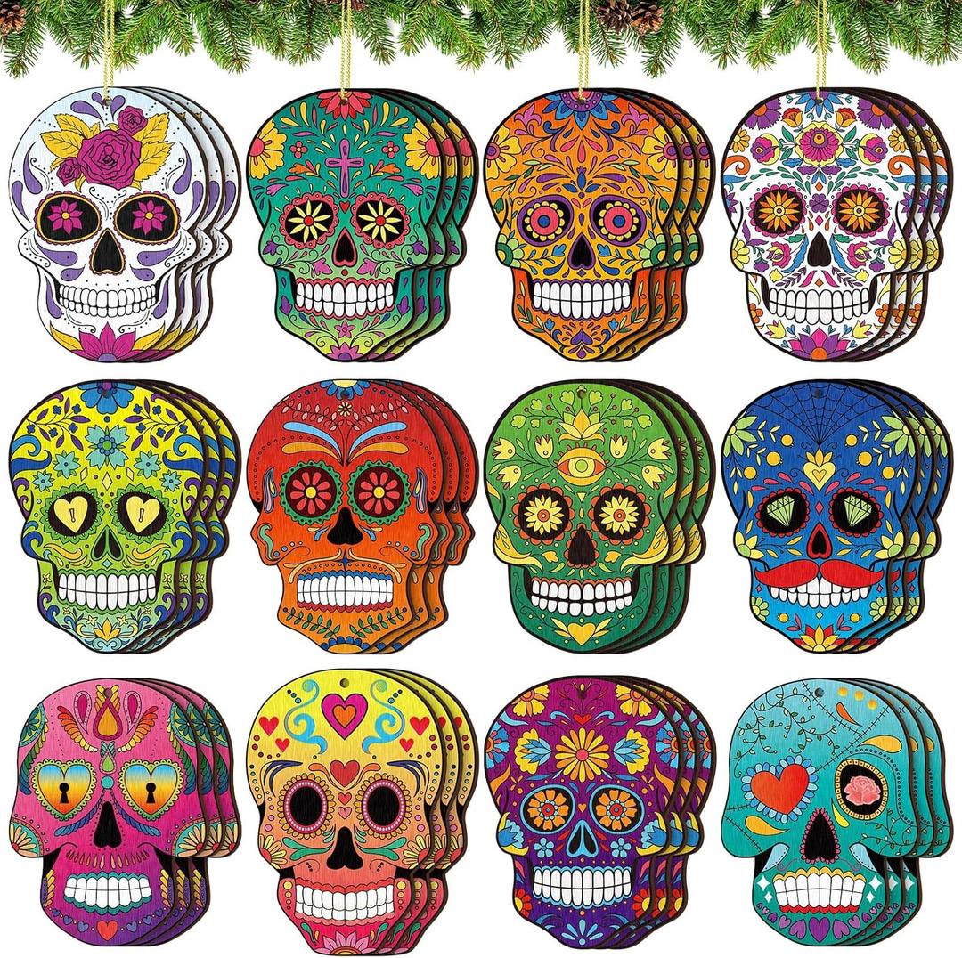 36 Pcs Sugar Skull Christmas Ornaments Wooden Day of The Dead Hanging Ornaments for Christmas Tree Xmas Dia De Muertos Cinco De Mayo Holiday Decoration