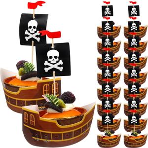 Vesici 72 Pcs Pirate Ship Cupcake Toppers Skull Cap Cupcake Picks Pirate Halloween Party Decorations for Birthday Party Cake Decorations Supplies