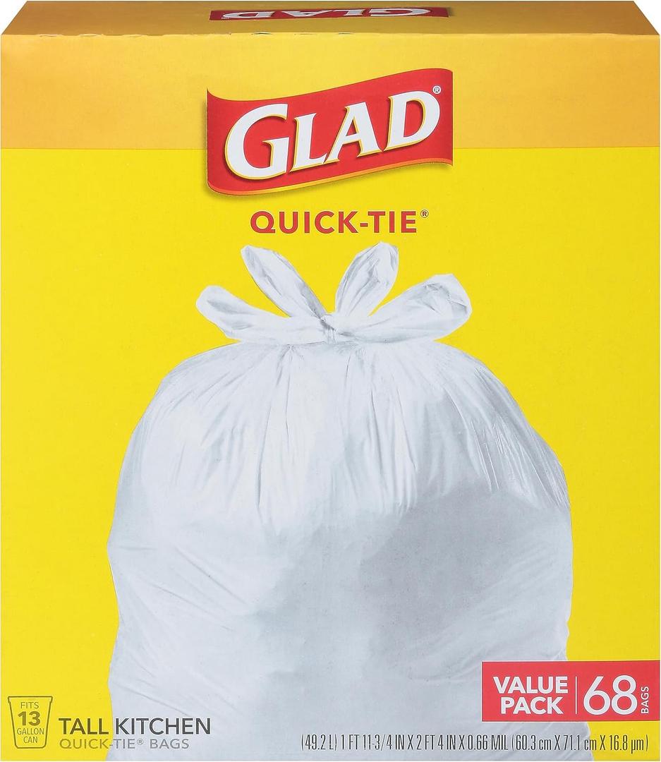 Glad, Quick-Tie Tall Kitchen Trash Bags Value Pack, 68 Count