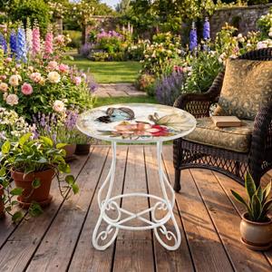 Cinnvoice 14 Inch Outdoor Side Table Round Small Patio Accent Weather Resistant Metal Elegant Indoor End Plant Coffee Tea Table for Yard Patio Outdoor Porch Garden Living Room(Watercolor Butterfly)