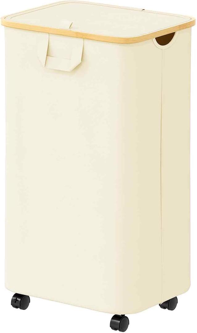 SpaceAid Laundry Hamper with Wheels and Lid, 26 Gal (100L) Rolling Clothes Basket with Bamboo Handle, Large Laundry Hamper for Bedroom, Bathroom, Dorm, Laundry Room - Beige (100L with Wheels)