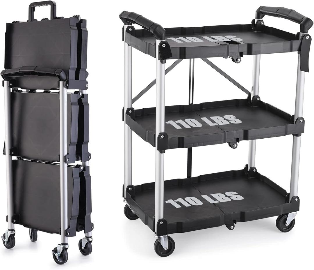 EAST MOUNT Portable Folding Service Cart - Rolling Utility Foldable Cart with Wheels for Warehouse Home Workshops Garages Restaurants Offices