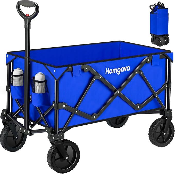 Homgava Collapsible Folding Wagon Cart with Brakes 150L, Heavy Duty Garden Cart with All Terrain Wheels,Portable Large Capacity Utility Wagon for Camping Fishing Sports Shopping, Blue