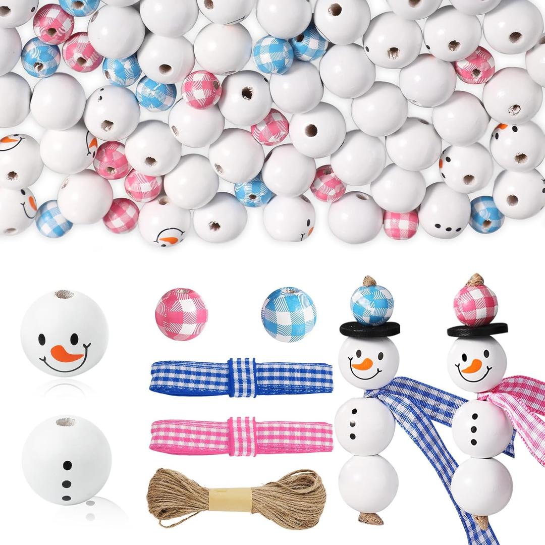 180pcs Christmas Wooden Beads, Snowman Wooden Beads Snowman Face Wooden Beads Buffalo Plaid Wood Beads Christmas Beads for Crafts DIY Christmas Tree Home Decoration