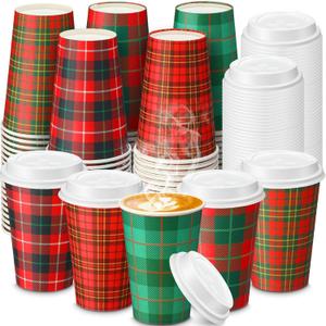 Hushee 150 Pcs Christmas Plaid Paper Cups 12 oz Disposable Coffee Cup with Lids Christmas Cups Coffee Bar Supplies for Hot Cocoa, Hot Chocolate, Hot and Cold Drink Tea Holiday Party Supplies, 5 Styles