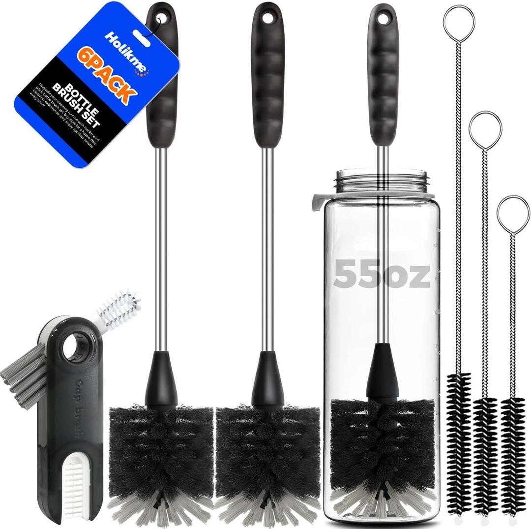 Holikme Bottle Brush Set, 14" Long Handle Stainless Steel Bottle Cleaner Brush, 3 Straw Brushes, 3-in-1 Bottle Cleaning Brush for Water Bottle, Antistatic Lab Brushes, Straws Black